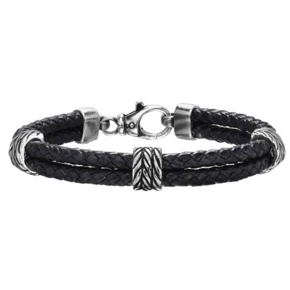 Sterling Silver 8.25" Woven Black Leather Bracelet